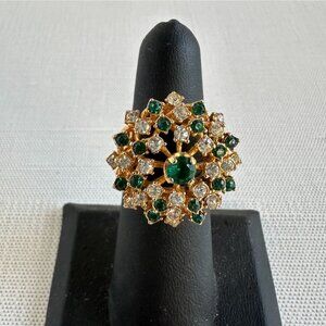 Gold Plated Cocktail Ring, Emerald Green & Clear Crystal Cluster Ring, Size 5.5